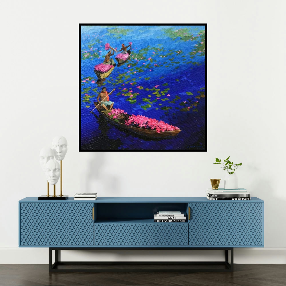'Floating Flowers On Blue (A Day's Harvest)' painting by Shraddha More shown on a wall in a furnished room.