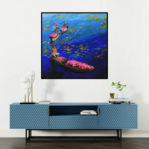 'Floating Flowers On Blue (A Day's Harvest)' painting by Shraddha More shown on a wall in a furnished room.