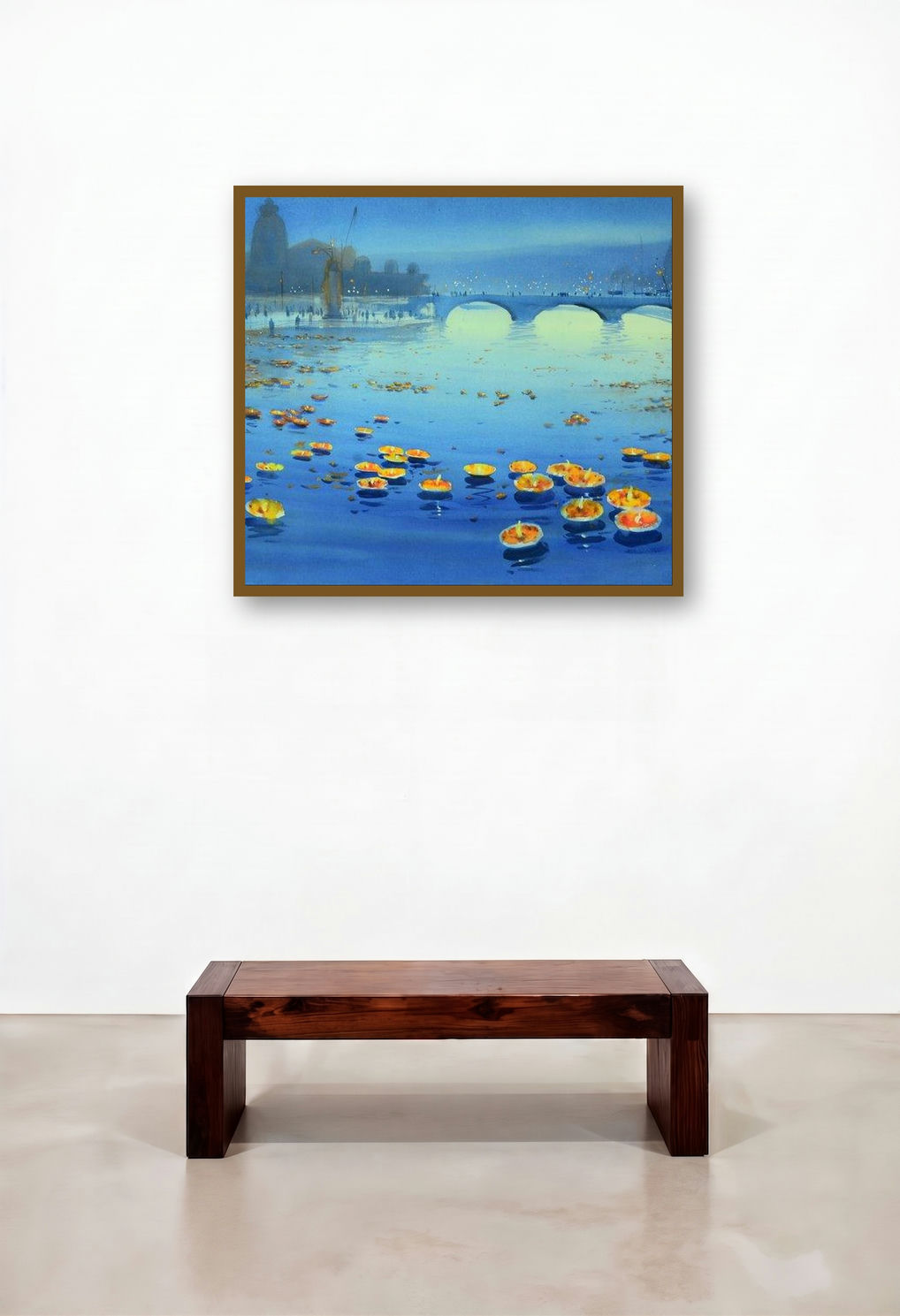 Floating Lamps In Banaras Ganga (River of Lights) by artist Ganesh Hire displayed in a Traditional Living Room