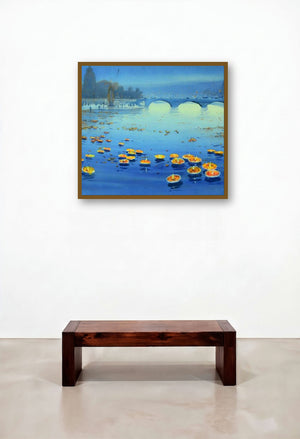 Floating Lamps In Banaras Ganga (River of Lights) by artist Ganesh Hire displayed in a Traditional Living Room