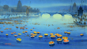 Floating Lamps In Banaras Ganga (River of Lights) by Ganesh Hire, Original Watercolor Nature Painting on Paper, Medium Horizontal Wall Art