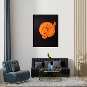 Preview of 'Floating Life (Abstract Form in Orange and Black)' Painting by Jayanta Bhattacharya shown on a wall in a furnished room.