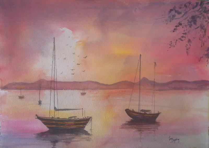 Seascape watercolor painting titled 'Floating on the sunset sea', 16x12 inches, by artist Lasya Upadhyaya on Paper