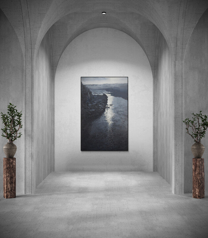 In-situ view of Shubham Kesur's 'Floating Pearls (River's Journey)' painting in a room