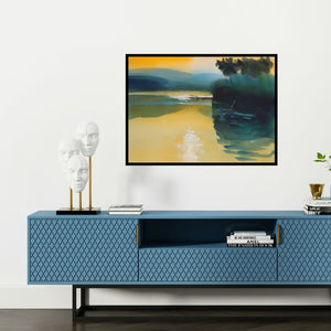 Preview of 'Floating Sunlight (Golden Hour)' Painting by Prashant Prabhu shown on a wall in a furnished room.