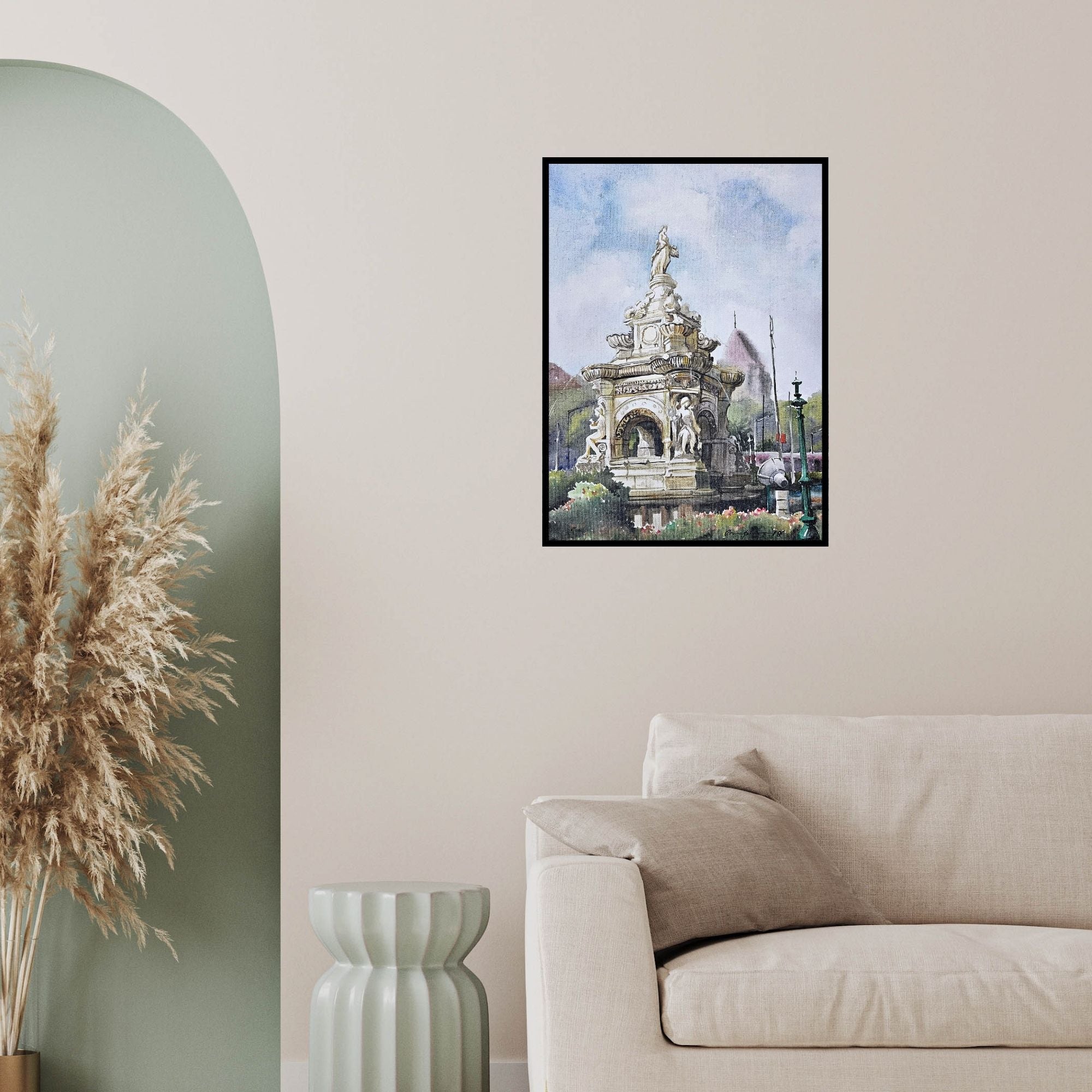 In-situ view of Ranabir Saha's 'Flora Fountain (Flora Fountain Majesty)' painting in a room