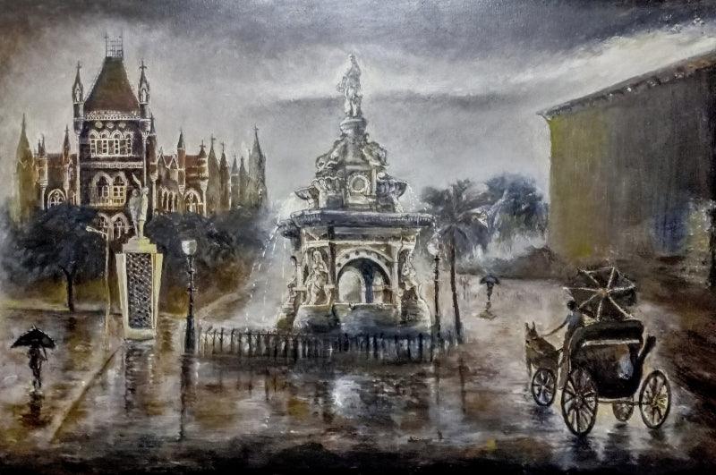 Cityscape acrylic painting titled 'Flora Fountain And Hutatma Chowk In Rain', 24x36 inches, by artist Aman A on Canvas