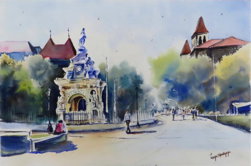 Cityscape watercolor painting titled 'Flora Fountain Mumbai', 15x22 inches, by artist Lasya Upadhyaya on Paper