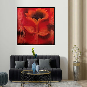 Balaji Ubale's 'Flower' painting visualized above a sofa in a contemporary room.