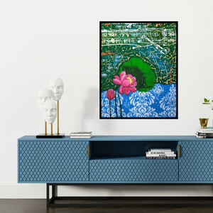 'Flower 3 (Lotus Bloom 1)' painting by Gopal Roy shown on a wall in a furnished room.