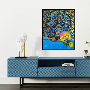 'Flower 4 (Abstract Floral 2)' painting by Gopal Roy shown on a wall in a furnished room.