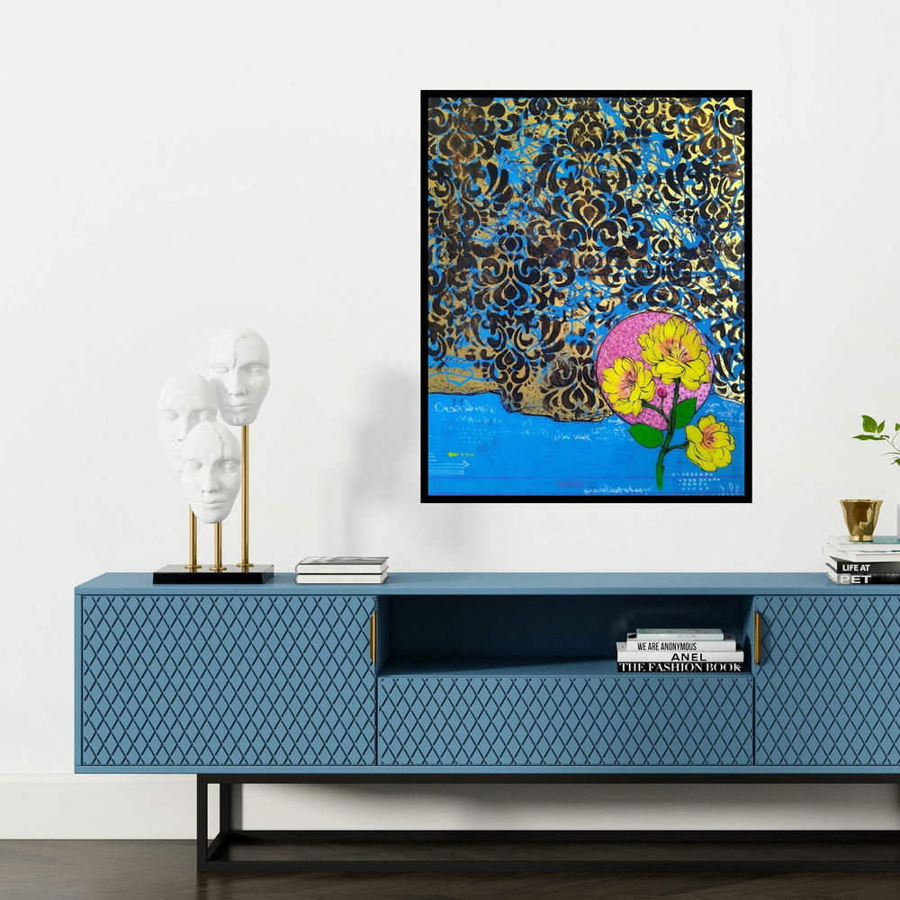 'Flower 4 (Abstract Floral 2)' painting by Gopal Roy shown on a wall in a furnished room.