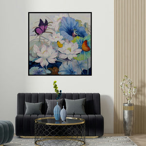 Sulakshana Dharmadhikari's 'Flower And Birds (Lotus Pond Harmony)' painting visualized above a sofa in a contemporary room.