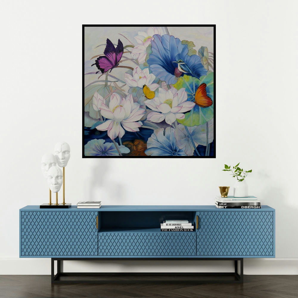 'Flower And Birds (Lotus Pond Harmony)' painting by Sulakshana Dharmadhikari shown on a wall in a furnished room.
