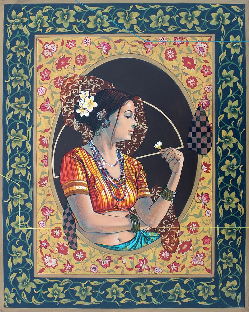 'The Flower And The Gaze' figurative acrylic-charcoal painting by artist Ramchandra Kharatmal, 30x24 inch, on canvas