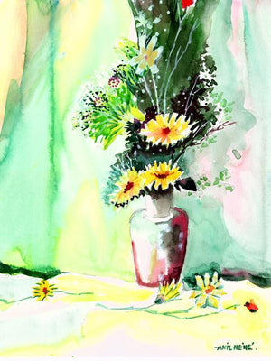 Flower And Vase by Anil Nene, Original Watercolor Landscape Painting on Paper, Small Vertical Wall Art