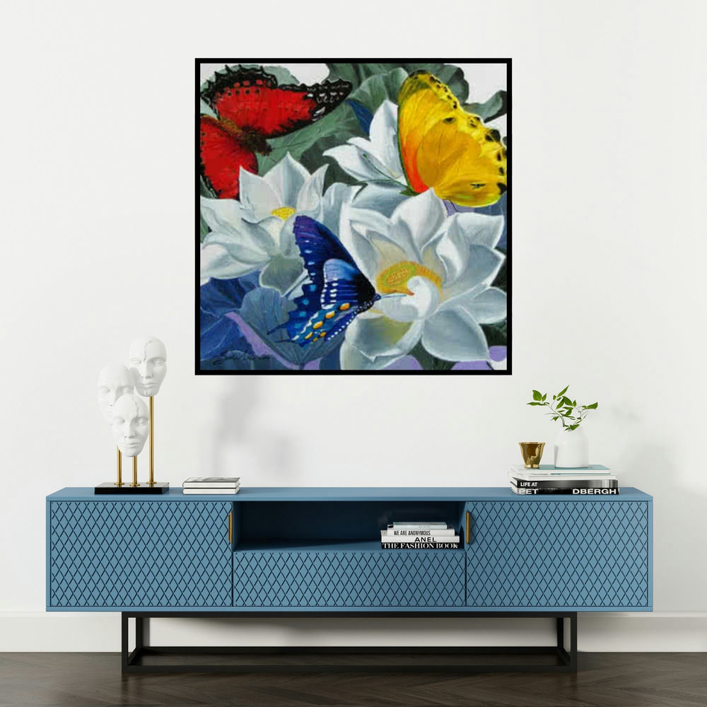'Flower With Butterfly 1' painting by Sulakshana Dharmadhikari shown on a wall in a furnished room.