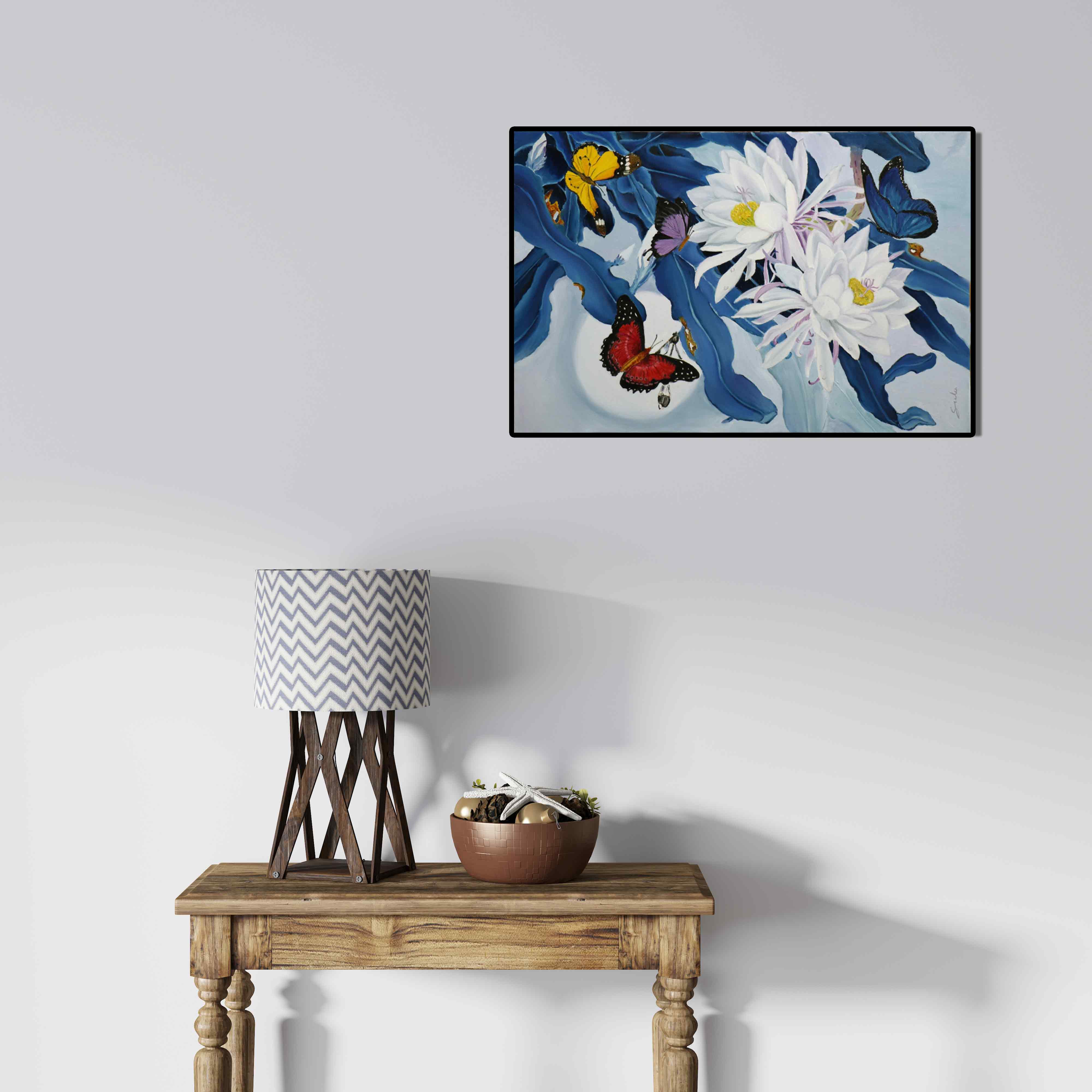 In-situ view of Sulakshana Dharmadhikari's 'Flower With Butterfly 11' painting in a room