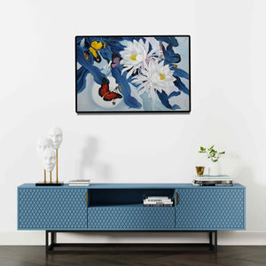 Preview of 'Flower With Butterfly 11' Painting by Sulakshana Dharmadhikari shown on a wall in a furnished room.
