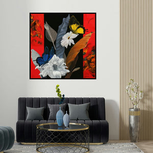 Sulakshana Dharmadhikari's 'Flower With Butterfly 7' painting visualized above a sofa in a contemporary room.
