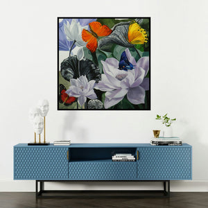 'Flower With Butterfly 9' painting by Sulakshana Dharmadhikari shown on a wall in a furnished room.