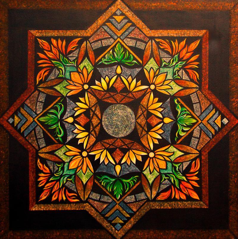 Lifestyle acrylic painting titled 'FLOWER GARDEN', 42x42 inches, by artist Manju Lamba on Canvas