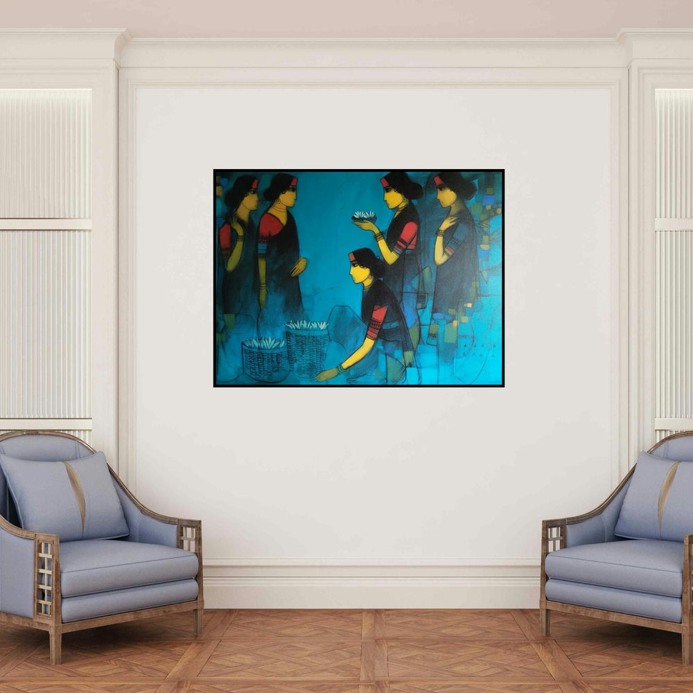 'Flower Girls Blue' painting by Sachin Sagare shown on a wall in a furnished room.