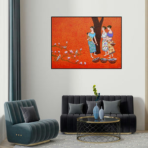 Deepali S's 'Flower Happiness' painting visualized above a sofa in a contemporary room.