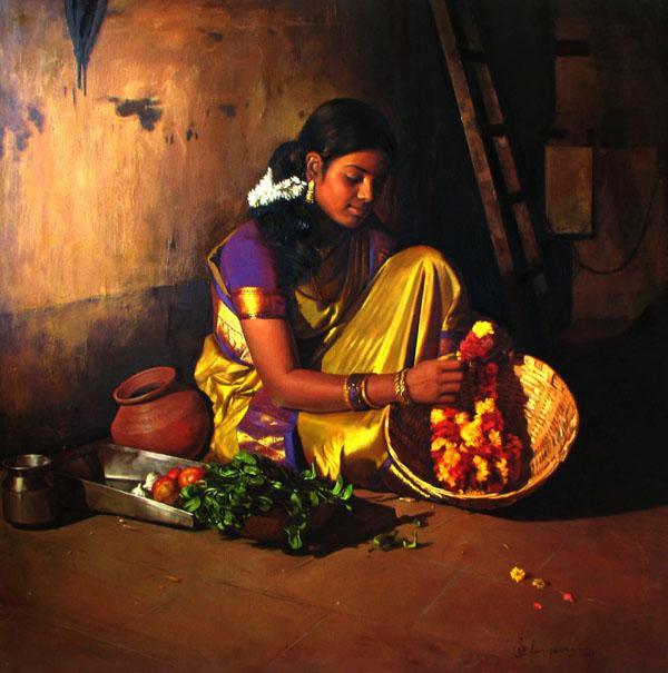 Figurative oil painting titled 'Flower Making', 24x24 inches, by artist S Elayaraja on Canvas