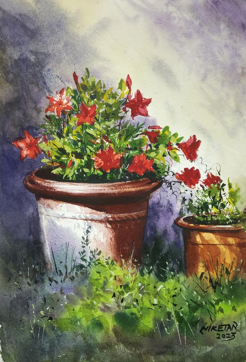 watercolor plant pot Flower Pots": Blue Green Watercolor Painting by Niketan Bhalerao – ArtZolo.com