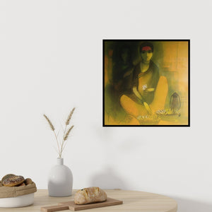 In-situ view of Sachin Sagare's 'Flower Seller 2' painting in a room