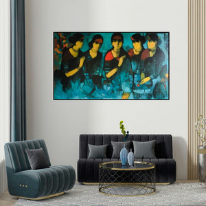 Sachin Sagare's 'Flower Seller 3' painting visualized above a sofa in a contemporary room.