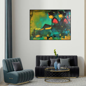 Sachin Sagare's 'Flower Seller 4' painting visualized above a sofa in a contemporary room.