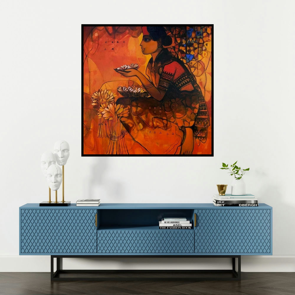 'Flower Seller 5 (Lotus Offering)' painting by Sachin Sagare shown on a wall in a furnished room.