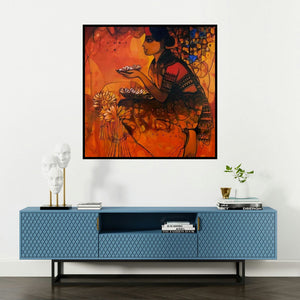 'Flower Seller 5 (Lotus Offering)' painting by Sachin Sagare shown on a wall in a furnished room.