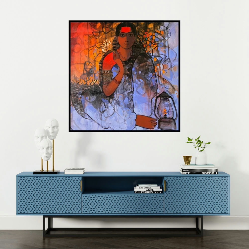 'Flower Seller 7 (The Light Bearer)' painting by Sachin Sagare shown on a wall in a furnished room.