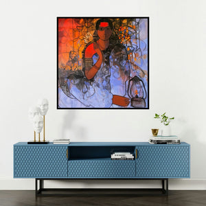 'Flower Seller 7' painting by Sachin Sagare shown on a wall in a furnished room.