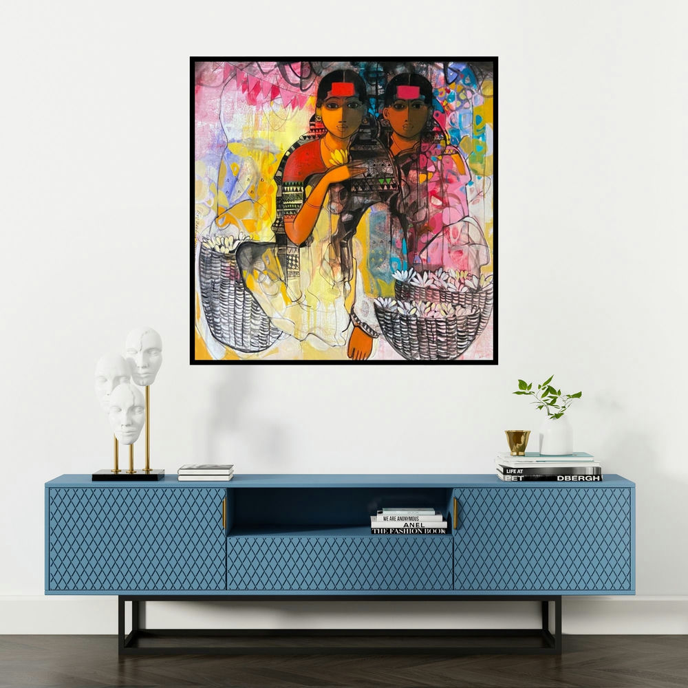 'Flower Seller 8' painting by Sachin Sagare shown on a wall in a furnished room.