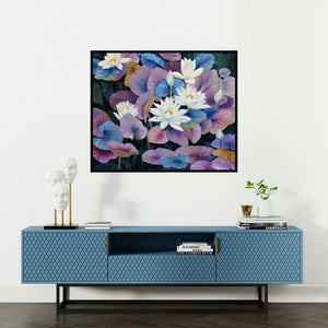 Sulakshana Dharmadhikari's 'Flower Series 13 36X30' painting visualized above a sofa in a contemporary room.