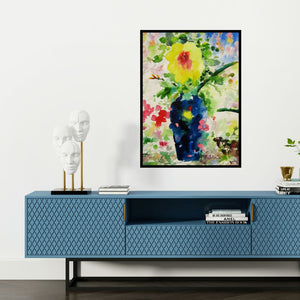 Preview of 'Flower Vase With Nature (Sunny Spot)' Painting by Manas Biswas shown on a wall in a furnished room.