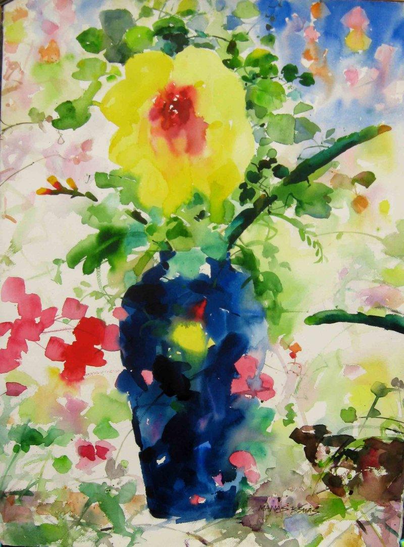 Nature watercolor painting titled 'Flower vase With Nature', 22x30 inches, by artist Manas Biswas on Paper