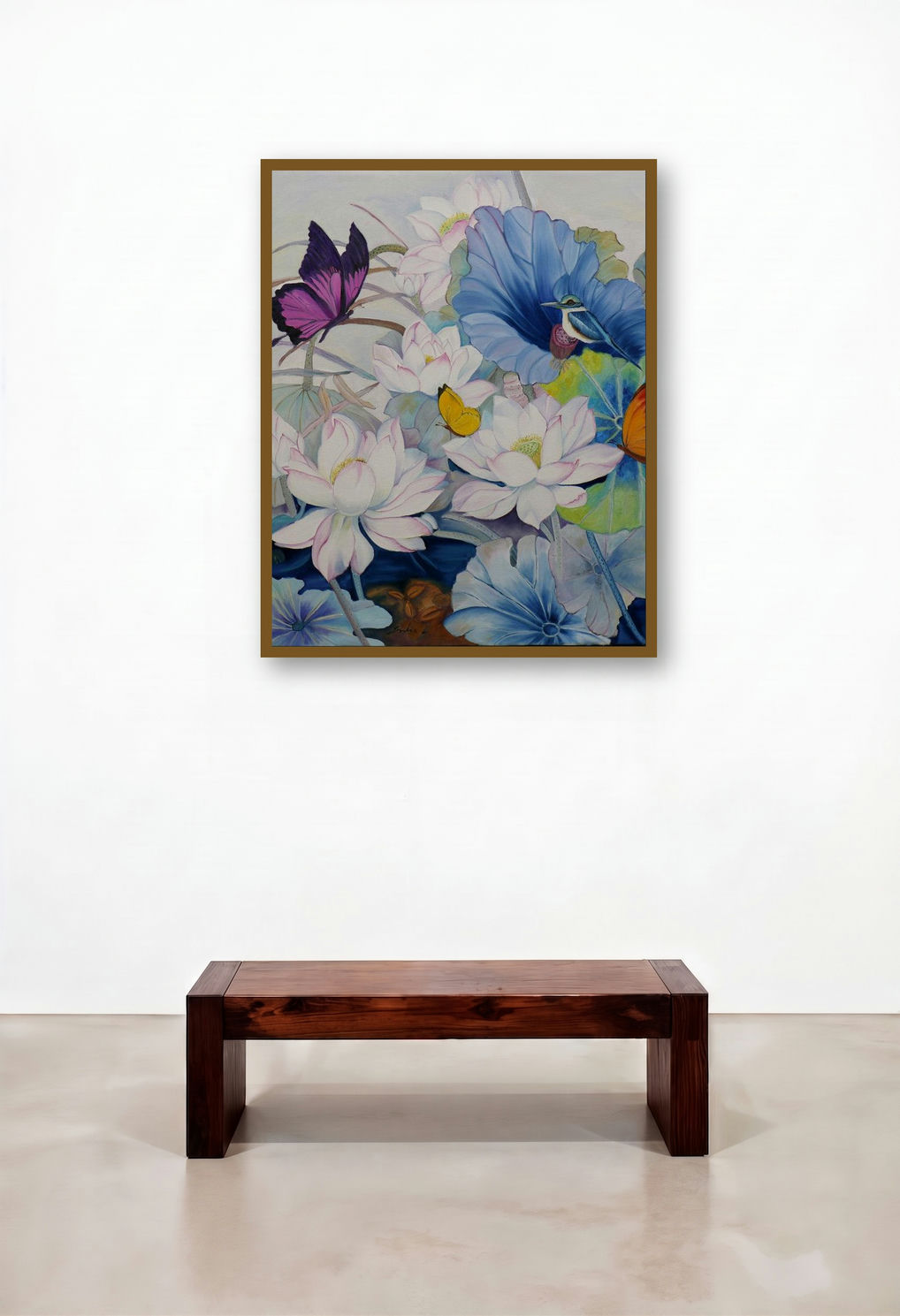 Flower With Birds Butterfly 3 (A Peaceful Oasis) by artist Sulakshana Dharmadhikari displayed in a Modern Living Room
