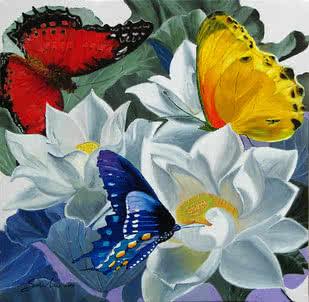 Nature oil painting titled 'Flower With Butterfly 1', 36x36 inches, by artist Sulakshana Dharmadhikari on Canvas
