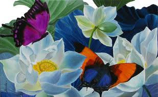 Nature oil painting titled 'Flower With Butterfly 2', 48x30 inches, by artist Sulakshana Dharmadhikari on Canvas