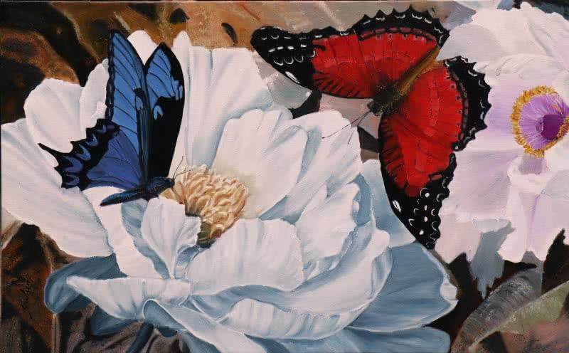Nature oil painting titled 'Flower With Butterfly 4', 48x30 inches, by artist Sulakshana Dharmadhikari on Canvas