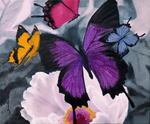 Nature oil painting titled 'Flower With Butterfly', 36x30 inches, by artist Sulakshana Dharmadhikari on Canvas