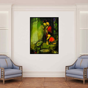 In-situ view of Sachin Sagare's 'Flower Women' painting in a room