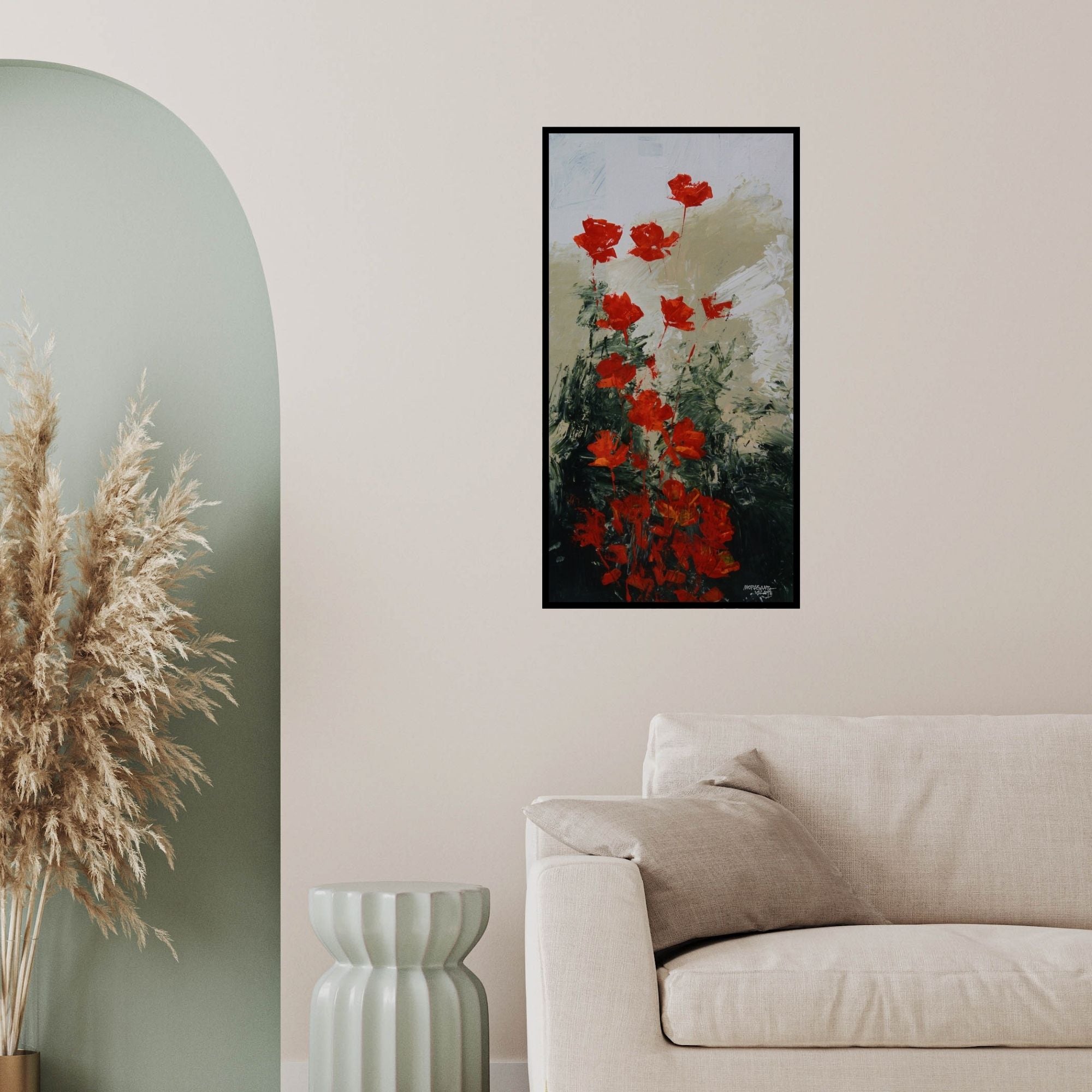 In-situ view of Mopasang Valath's 'Flowers 1 (Crimson Bloom)' painting in a room