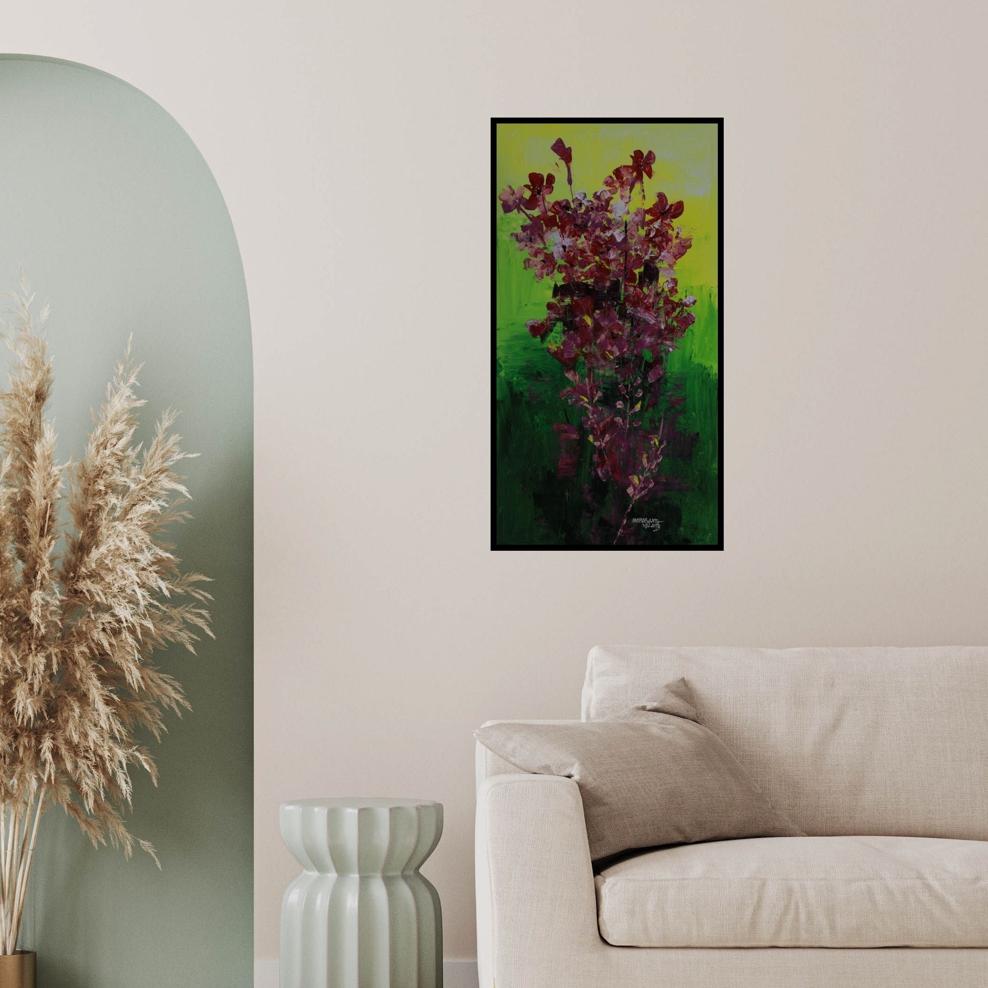 In-situ view of Mopasang Valath's 'Flowers 13 (Verdant Harmony)' painting in a room