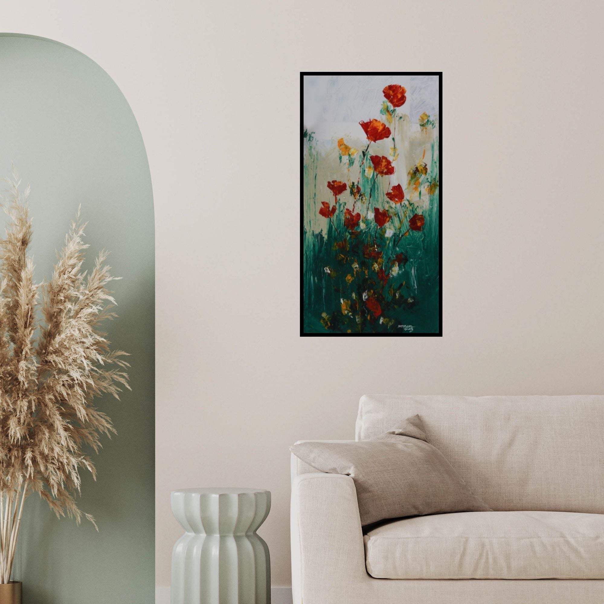 In-situ view of Mopasang Valath's 'Flowers 2 (Scarlet Serenity)' painting in a room